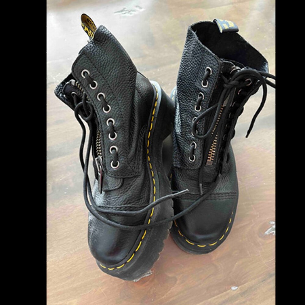 Dr. Martens Black Leather Lace-Up Boots with Yellow Stitching